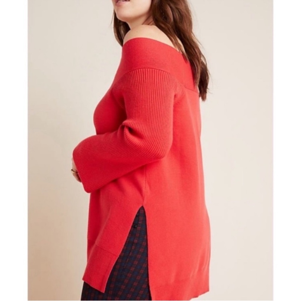 ANTHROPOLOGIE Red Elise Ribbed Tunic Off-Shoulder Sweater - S